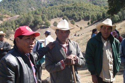 Isidro Baldenegro López (left), 2005 Goldman Environmental Prize Winner, North America (Mexico), with elders of the Tarahumara community, Coloradas de la Virgen, Chihuahua, where he opposes illegal logging operations.
