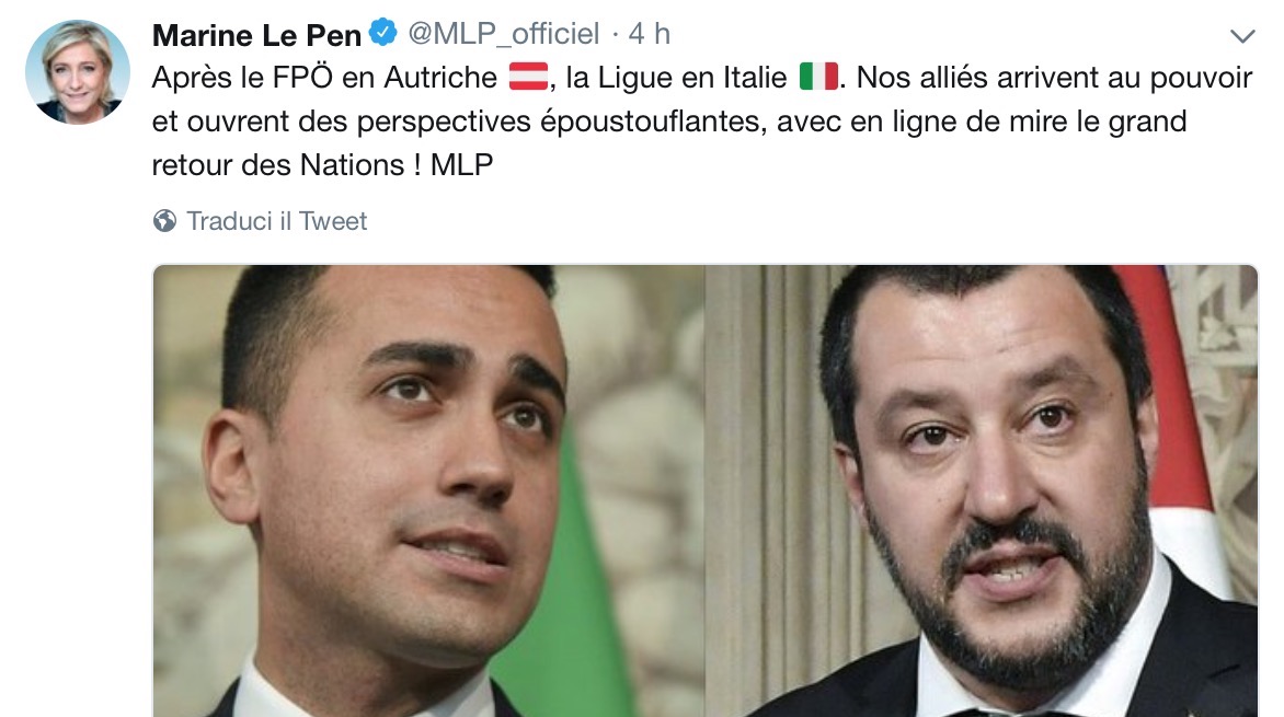 Marine Le Pen elogia Lega su Twitter